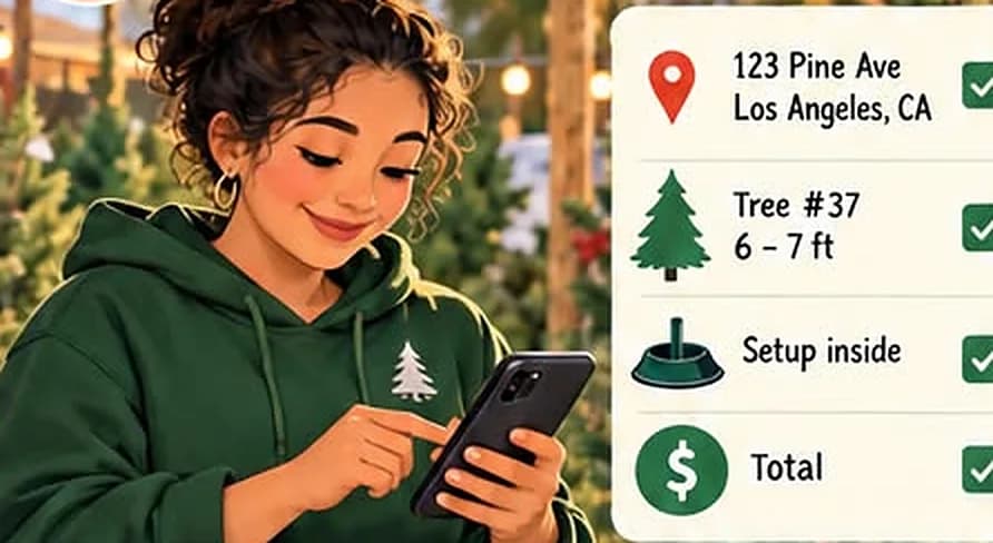 Illustration of Dana checking an order on her phone: address, tree number 37, 6 to 7 ft, setup inside and total