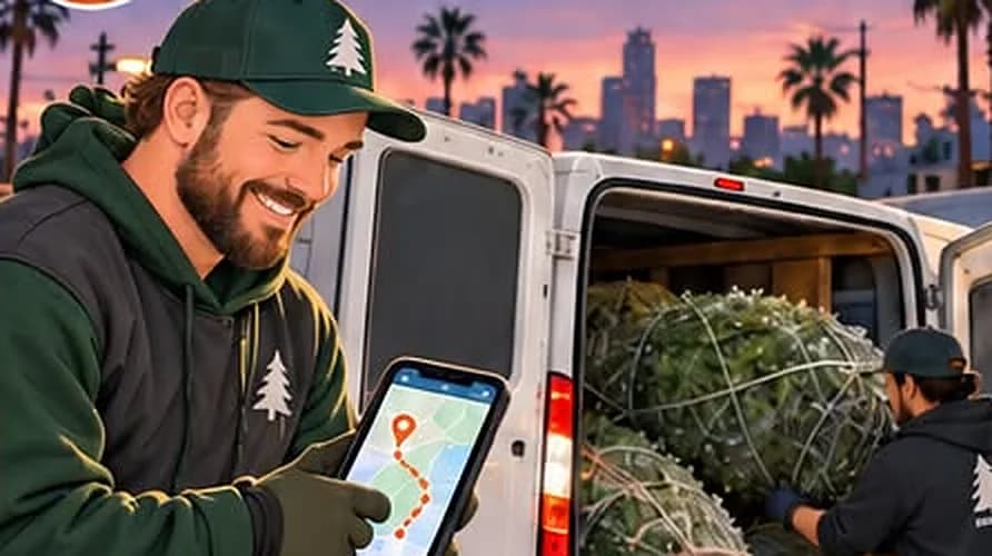 Illustration of Hanniel planning a delivery route next to the van