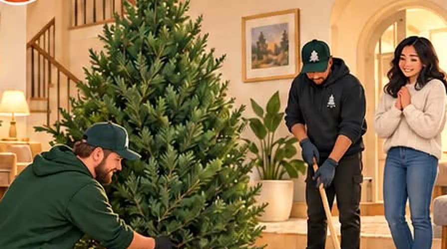 Warm painted illustration of a crew member setting up a tall Christmas tree in a living room while the homeowner watches