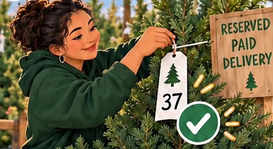 Warm painted illustration of Dana tying a numbered 37 tag to a Christmas tree beside a sign reading Reserved, Paid, Delivery